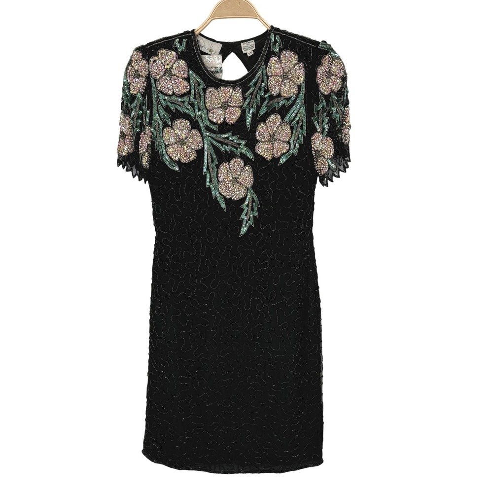 Lawrence Kazar Beaded Silk Dress Womens PS Black Floral Sequin Vintage Excellent